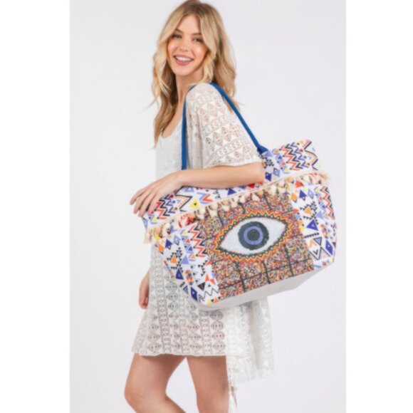 Evil Eye Boho Print Pom Pom Fringe Large Tote Bag - Picture 1 of 4